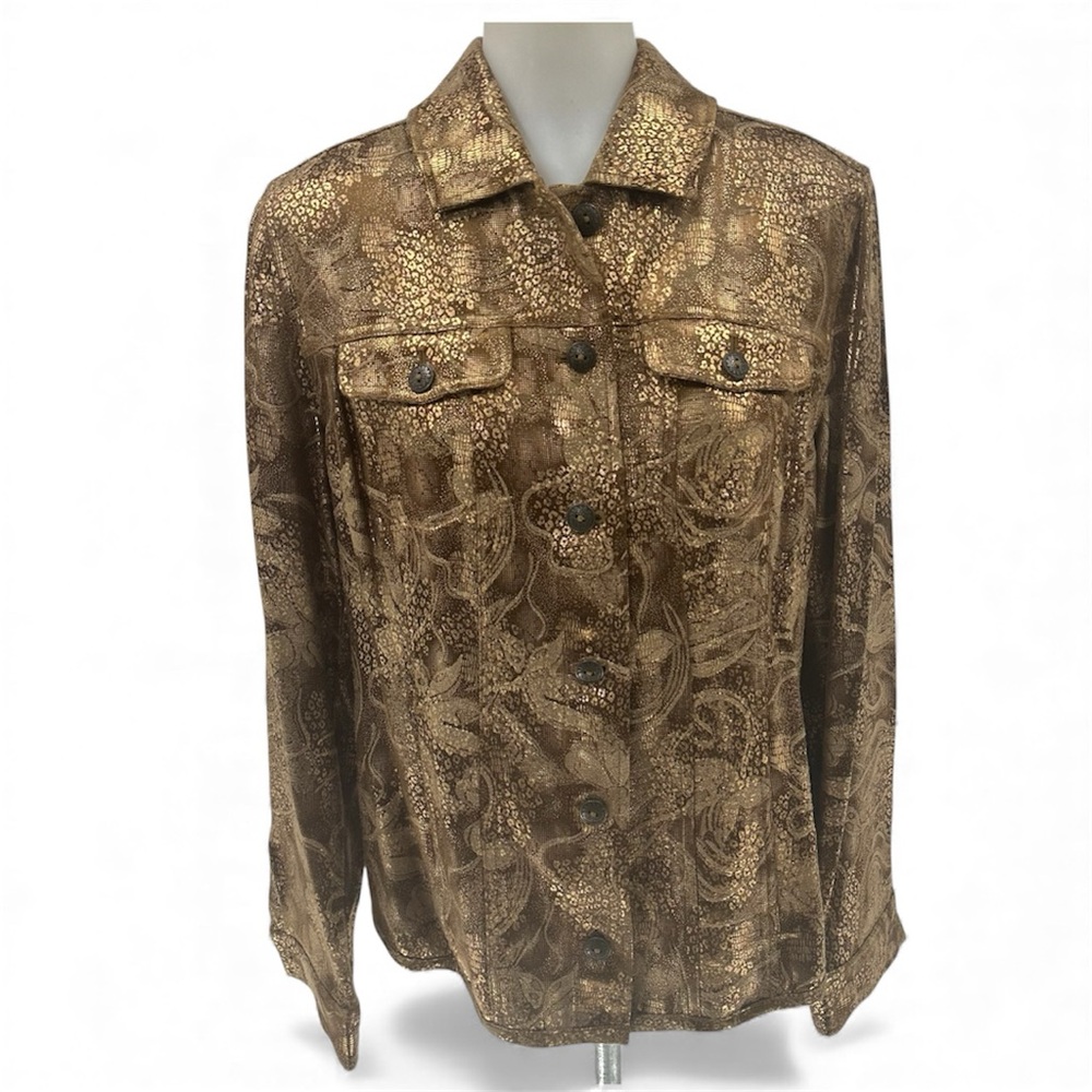 Vintage Chico’s Women’s Button Down Gold Metallic Shirt Sz 1 (Medium)